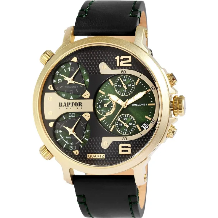 Raptor Herrenarmbanduhr RA20130-014 Multifunktion Edelstahl vergoldet, Leder schwarz