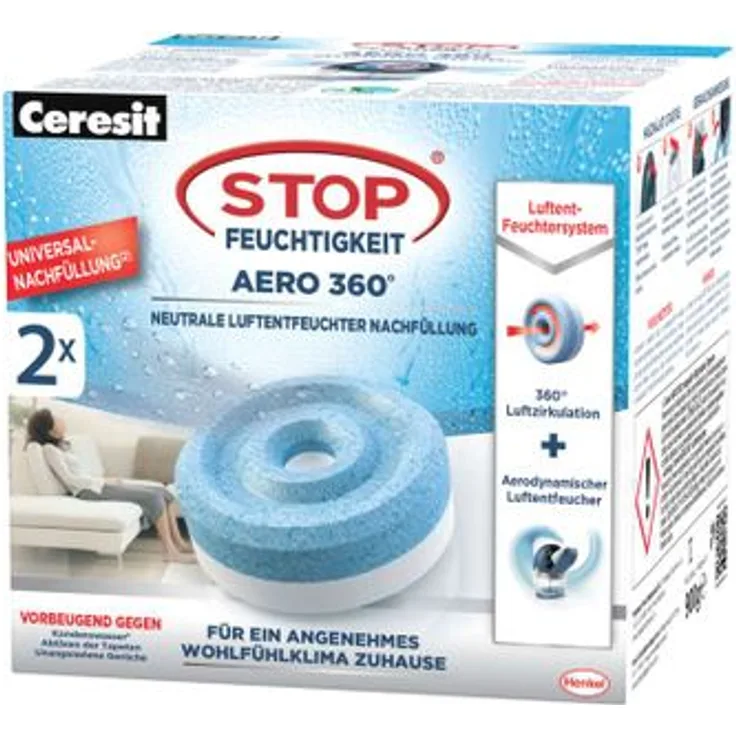 Ceresit Feuchtigkeit 360º Tabs, 2 Stück Luftentfeuchter-Nachfülltabs, 2 x 450g