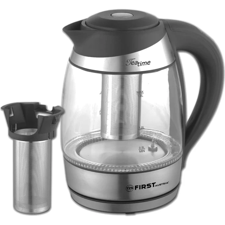 TZS First Austria 5405 Glas-Wasserkocher, 2200 Watt, 1,8 Liter, mit Temperaturwahl, Teefunktion, LED Beleuchtung, silber, schwarz – Bild 1