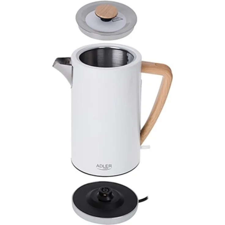 Adler AD 1347W Wasserkocher, 2200 W, 1.5 L, 360°-Basis, Edelstahl, weiß