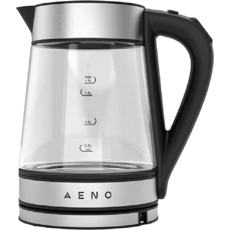 Aeno EK1S Glas-Wasserkocher, 2200 W, 1,7 Liter, Strix, Wasserstandsanzeige, silber, schwarz