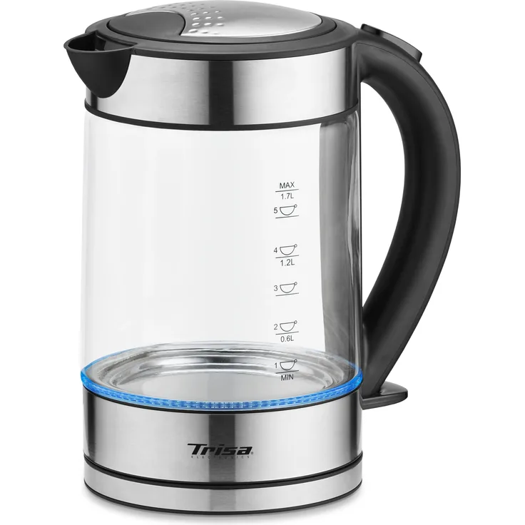 Trisa W5669 Compact Boil Glas-Wasserkocher, 1850 Watt, 1,7 Liter, kabellos, Wasserstandsanzeige, silber
