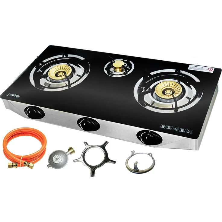 Phönix Germany PS-3 Gaskochplatte, Propan Glas Gaskocher 3 flammig Gasherd Zündsicherung 8,8 KW + Gasschlauch SetAnzahl der Kochstellen 3, edelstahl, schwarz