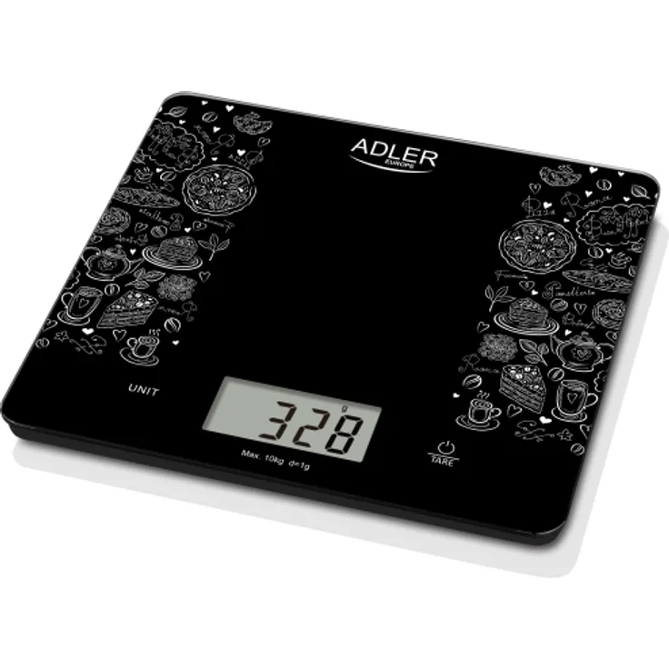 Adler AD 3171 Elektronische Küchenwaage, 10 kg Tragkraft, 1 g Teilung, rechteckig, Glas, schwarz