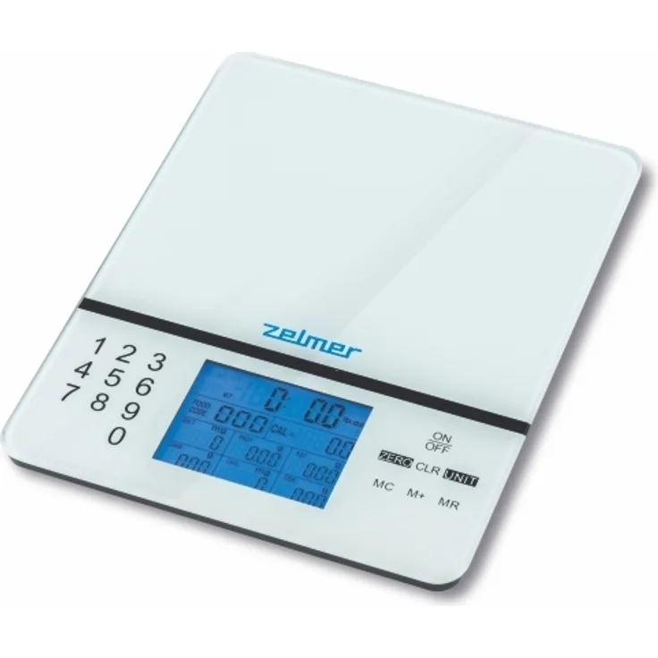 Zelmer ZKS1500N Elektronische Küchenwaage, max. Tragkraft 5 kg, 1 g Teilung, gehärtetes Glas, LCD-Display, weiß