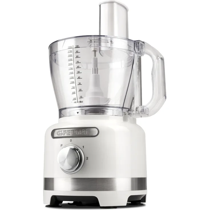 G3Ferrari G20099 Foodprozessor, 1000 Watt, 2 Geschwindigkeiten, inkl. Julienne-Scheibe, Reibscheibe, Pommes-Frites-Scheibe, Stahl, weiß