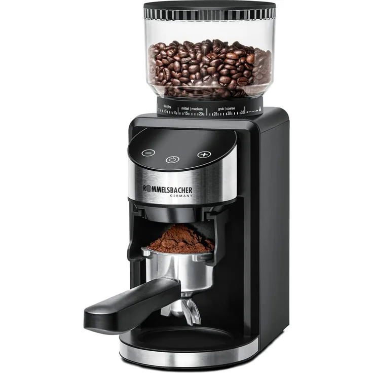 Rommelsbacher EKM 400 elektrische Kaffeemühle, 35 Mahlstufen, 200 Watt, 220 g Bohnenbehälter, Edelstahl-Kegelmahlwerk mit Blockierschutz, LED-Display, schwarz