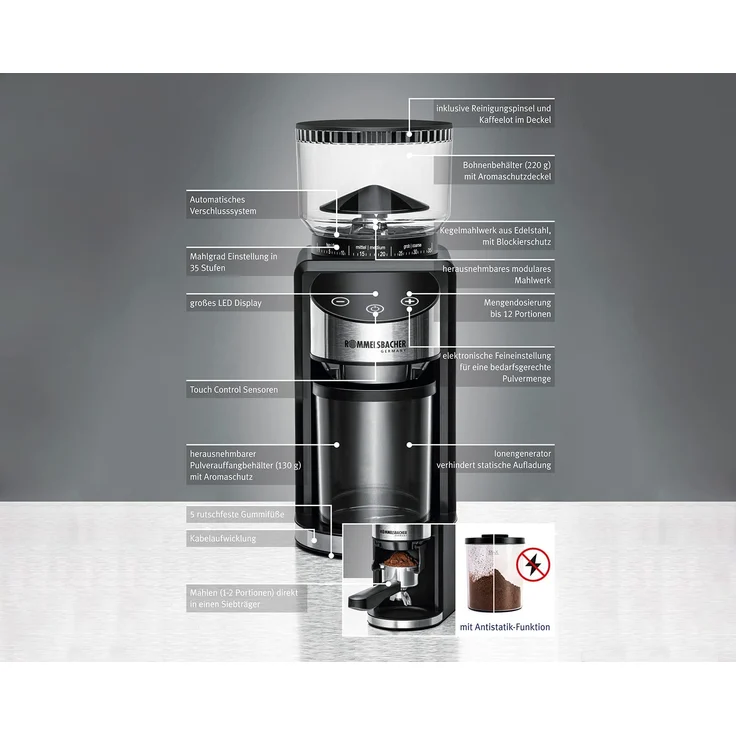 Rommelsbacher EKM 400 elektrische Kaffeemühle, 35 Mahlstufen, 200 Watt, 220 g Bohnenbehälter, Edelstahl-Kegelmahlwerk mit Blockierschutz, LED-Display, schwarz – Bild 2