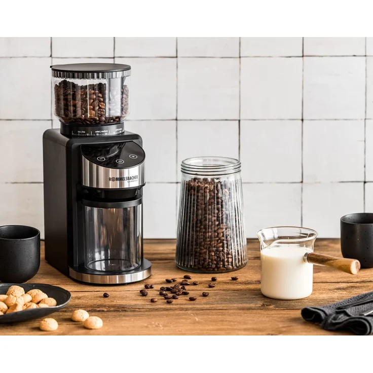 Rommelsbacher EKM 400 elektrische Kaffeemühle, 35 Mahlstufen, 200 Watt, 220 g Bohnenbehälter, Edelstahl-Kegelmahlwerk mit Blockierschutz, LED-Display, schwarz – Bild 4