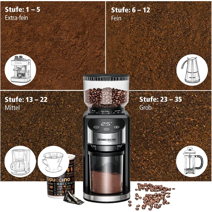 Rommelsbacher EKM 400 elektrische Kaffeemühle, 35 Mahlstufen, 200 Watt, 220 g Bohnenbehälter, Edelstahl-Kegelmahlwerk mit Blockierschutz, LED-Display, schwarz – Bild 5