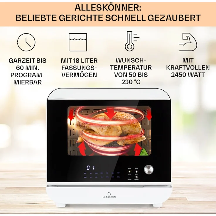 Klarstein Vita Pro Heißluftfritteuse mit Dampfgaren, ohne Öl, 2450 W, 18 Liter, 14 Programme, 800 ml Wassertank, weiß - Preisvergleich – Bild 2