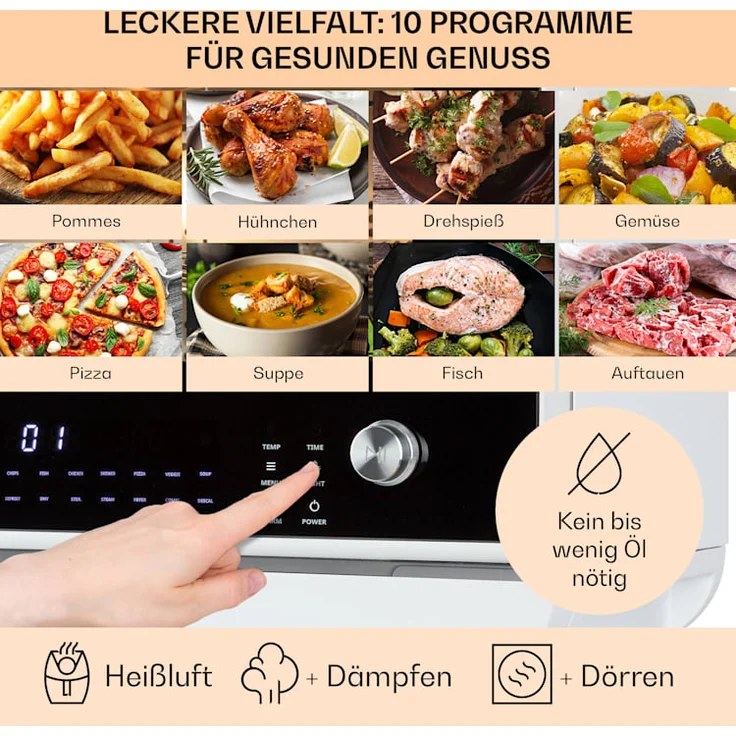 Klarstein Vita Pro Heißluftfritteuse mit Dampfgaren, ohne Öl, 2450 W, 18 Liter, 14 Programme, 800 ml Wassertank, weiß - Preisvergleich – Bild 3