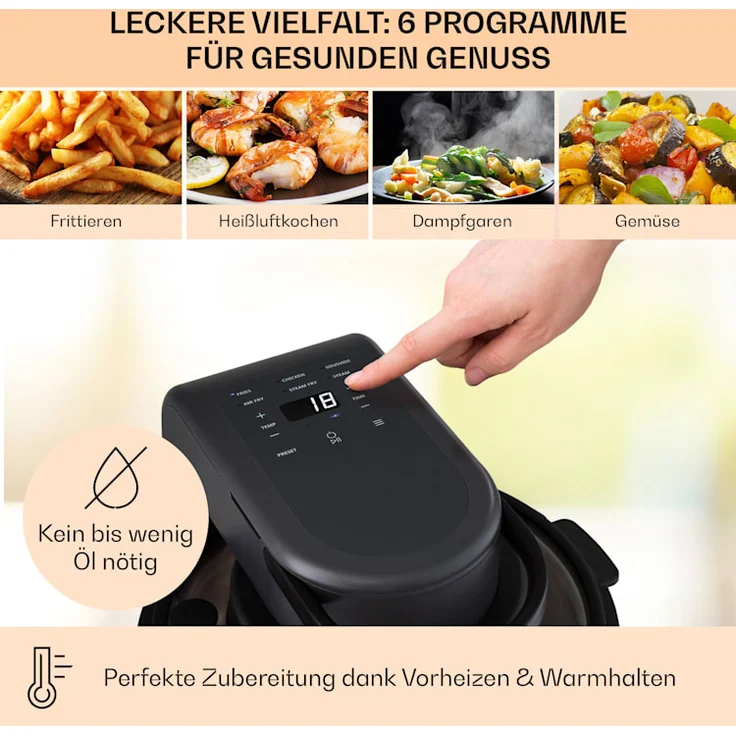 Klarstein Vendure Heißluftfritteuse mit Dampffunktion, 1250W, 5 Liter, 6 Programme, Kunststoff, schwarz – Bild 3