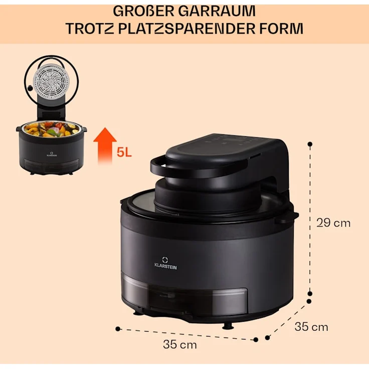 Klarstein Vendure Heißluftfritteuse mit Dampffunktion, 1250W, 5 Liter, 6 Programme, Kunststoff, schwarz – Bild 6