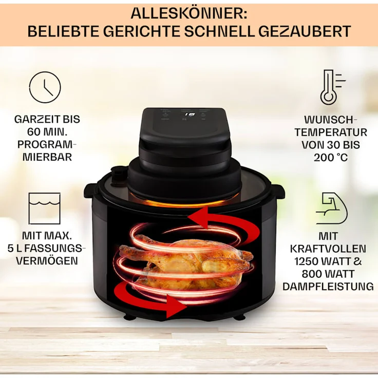 Klarstein Vendure Heißluftfritteuse mit Dampffunktion, 1250W, 5 Liter, 6 Programme, Kunststoff, schwarz – Bild 2