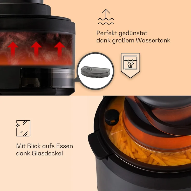 Klarstein Vendure Heißluftfritteuse mit Dampffunktion, 1250W, 5 Liter, 6 Programme, Kunststoff, schwarz – Bild 4