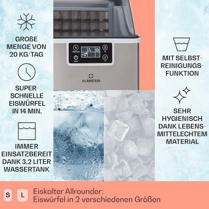 Klarstein Chios Eiswürfelmaschine 20 kg/24 h Auto-Clean 3,2-Liter Wassertank Edelstahl – Bild 2