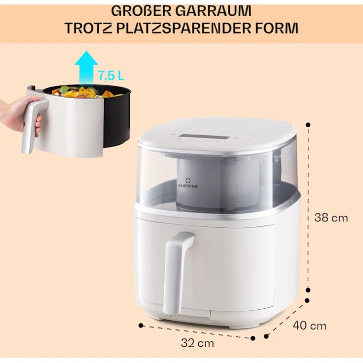 Klarstein Air Bloom Heißluftfritteuse mit Dampffunktion 1500W 7,5 Liter, 16 Programme, crème – Bild 6