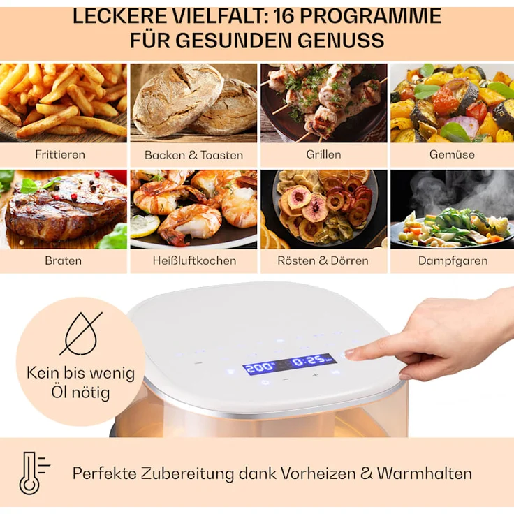 Klarstein Air Bloom Heißluftfritteuse mit Dampffunktion 1500W 7,5 Liter, 16 Programme, crème – Bild 3