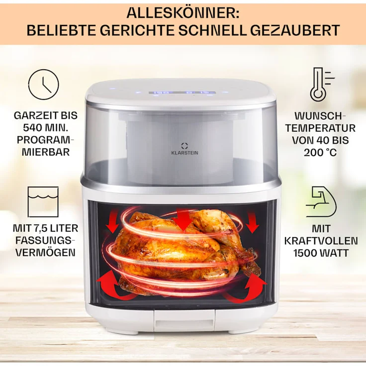Klarstein Air Bloom Heißluftfritteuse mit Dampffunktion 1500W 7,5 Liter, 16 Programme, crème – Bild 2
