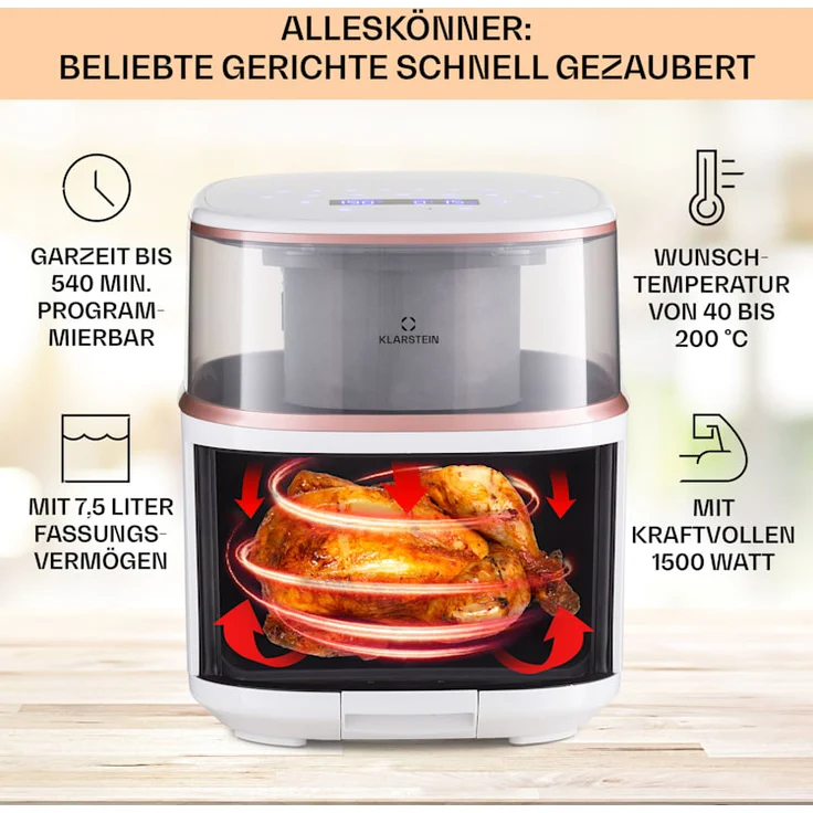 Klarstein Air Bloom Heißluftfritteuse mit Dampffunktion, 1500W, 7,5 Liter, 16 Programme, weiß – Bild 2
