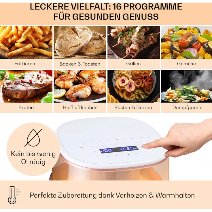 Klarstein Air Bloom Heißluftfritteuse mit Dampffunktion, 1500W, 7,5 Liter, 16 Programme, weiß – Bild 3