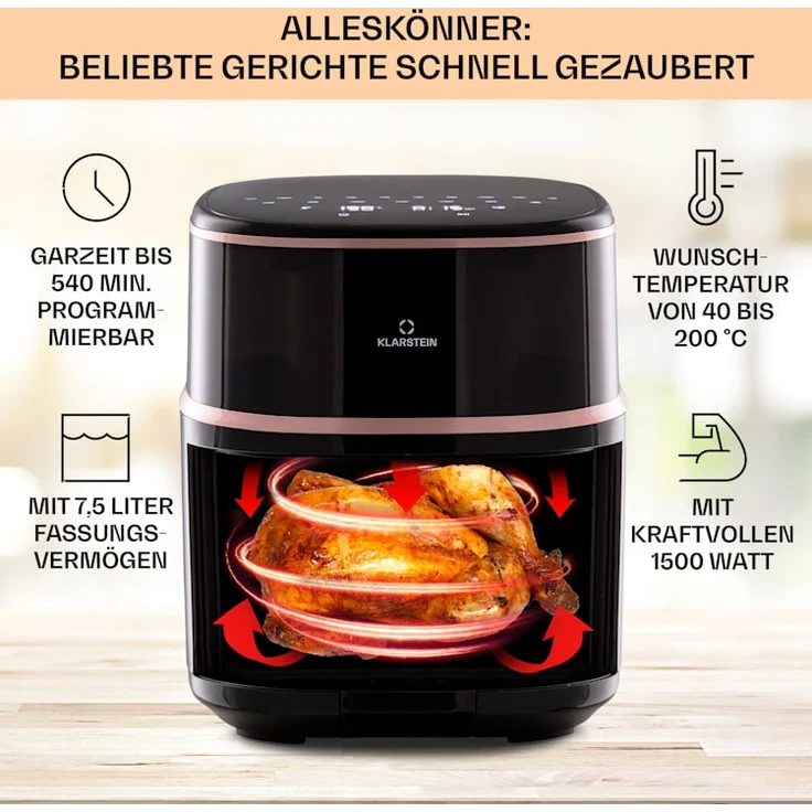 Klarstein Air Bloom Heißluftfritteuse mit Dampffunktion, 1500W, 7,5 Liter, 16 Programme, schwarz – Bild 2