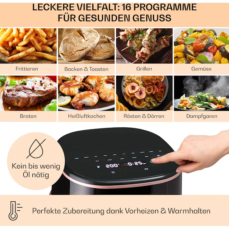 Klarstein Air Bloom Heißluftfritteuse mit Dampffunktion, 1500W, 7,5 Liter, 16 Programme, schwarz – Bild 3