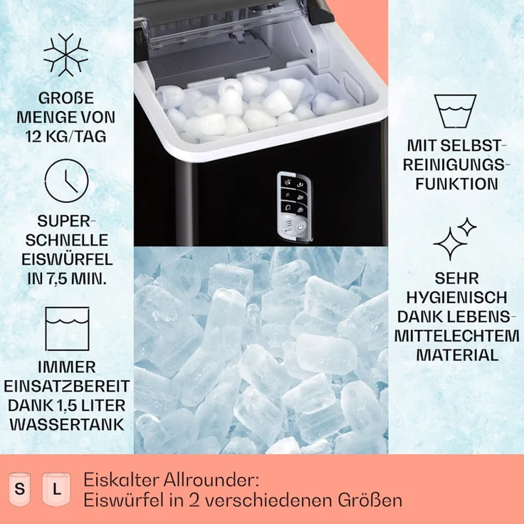 Klarstein Albaron Eiswürfelmaschine Bullet-Eis 12 kg / 24 h 1,5 Ltr. Display Schwarz – Bild 2