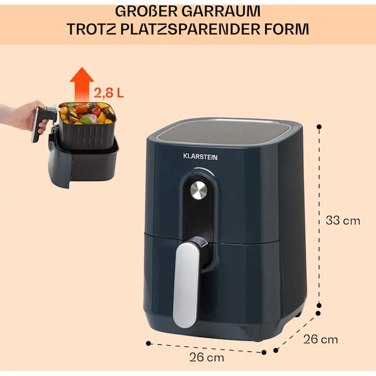 Klarstein Crisp-Pro Heißluftfritteuse, Air Fryer, 1400 W, 2,8 Liter, 8 Programme, Timer, Edelstahl, grau – Bild 6