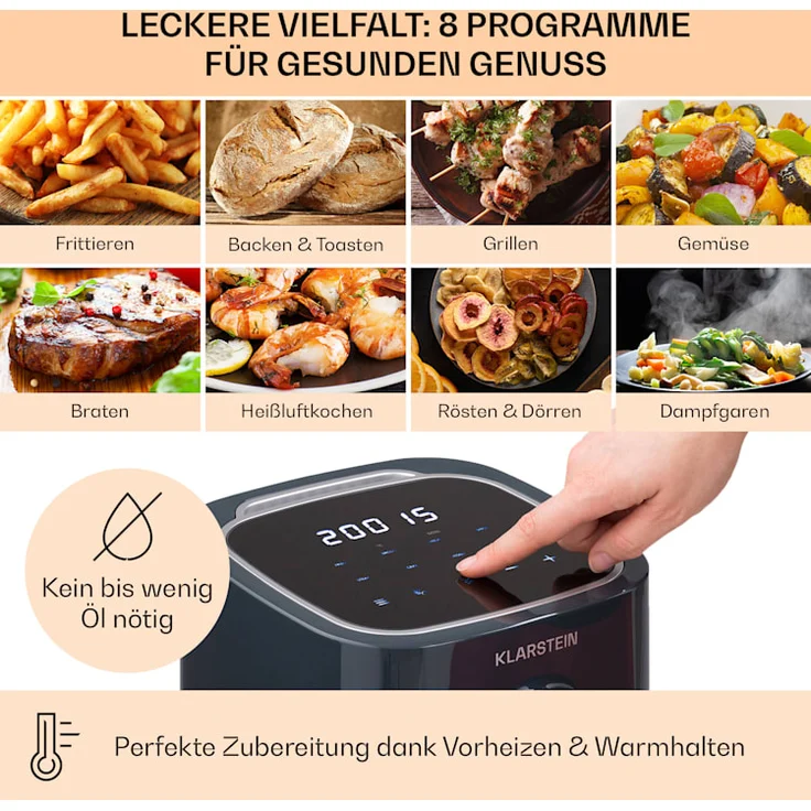 Klarstein Crisp-Pro Heißluftfritteuse, Air Fryer, 1400 W, 2,8 Liter, 8 Programme, Timer, Edelstahl, grau – Bild 3