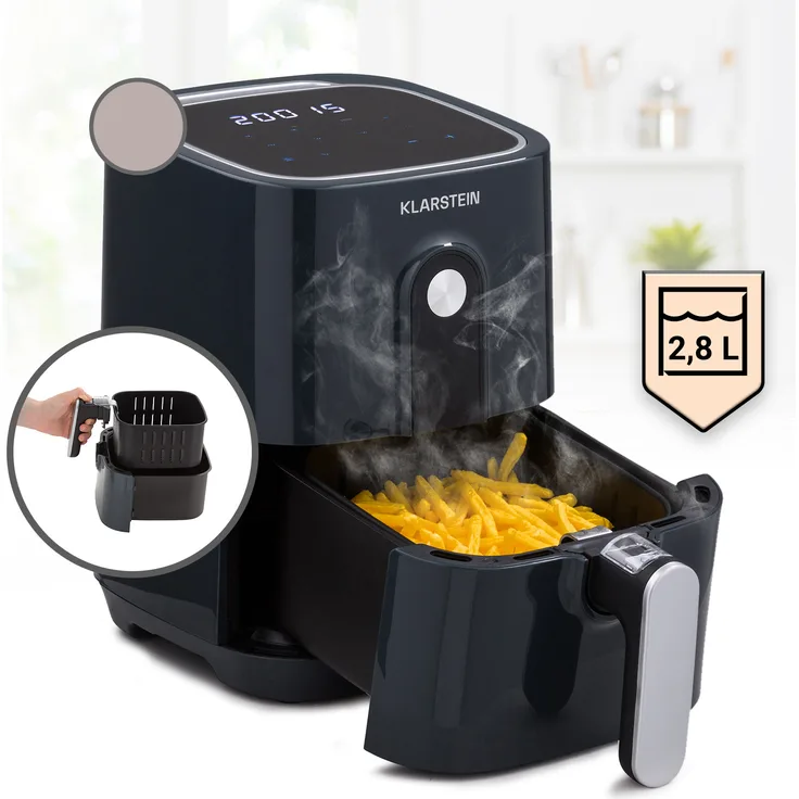 Klarstein Crisp-Pro Heißluftfritteuse, Air Fryer, 1400 W, 2,8 Liter, 8 Programme, Timer, Edelstahl, grau