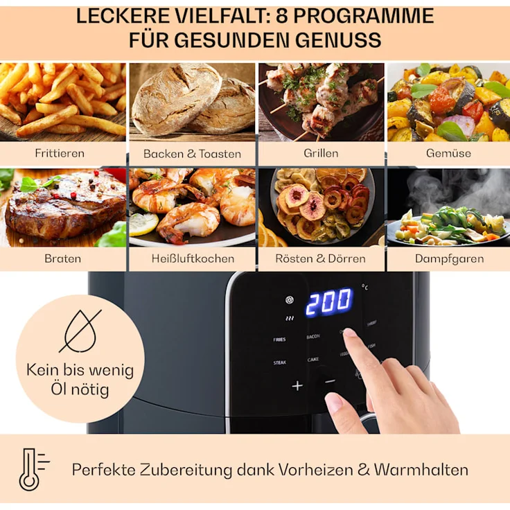 Klarstein Crisp-Pro Heißluftfritteuse, Air Fryer, 1400W, 3,5 Liter, 8 Programme, Timer, Anthrazit – Bild 3