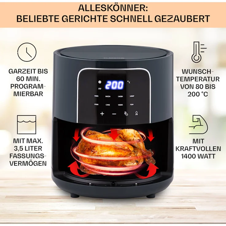 Klarstein Crisp-Pro Heißluftfritteuse, Air Fryer, 1400W, 3,5 Liter, 8 Programme, Timer, Anthrazit – Bild 2
