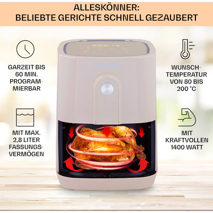 Klarstein Crisp-Pro Heißluftfritteuse, Air Fryer, 1400 W, 2,8 Liter, 8 Programme, Timer, Edelstahl, sand – Bild 2