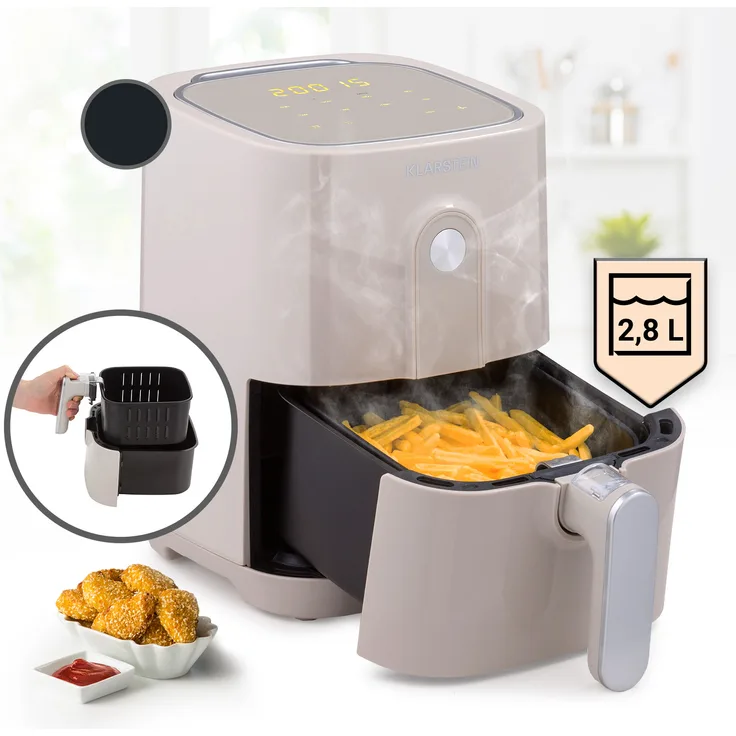 Klarstein Crisp-Pro Heißluftfritteuse, Air Fryer, 1400 W, 2,8 Liter, 8 Programme, Timer, Edelstahl, sand
