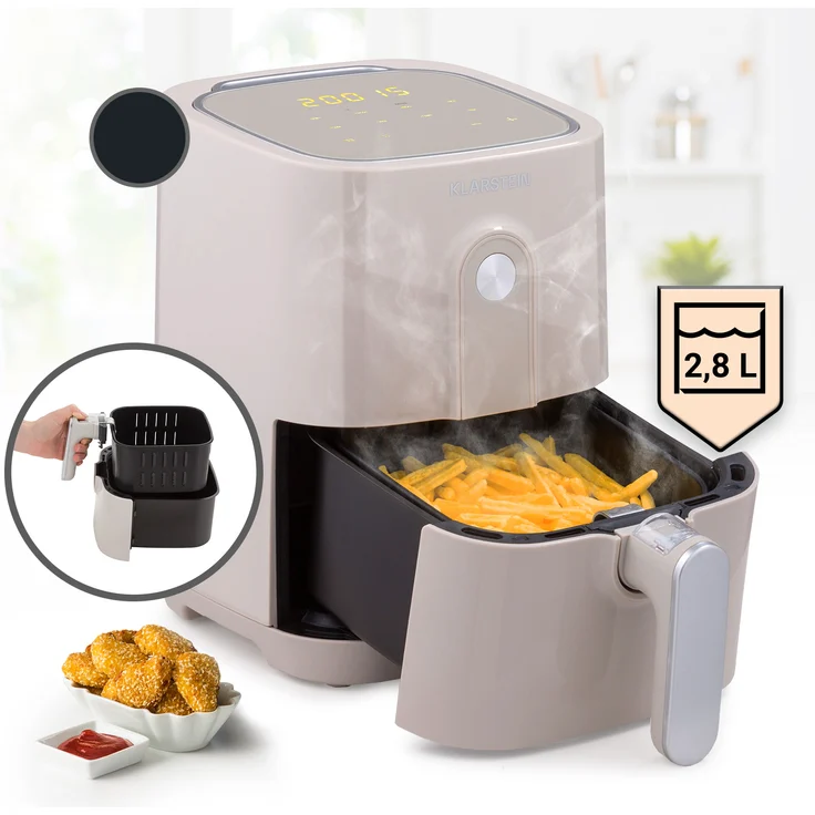 Klarstein Crisp-Pro Heißluftfritteuse, Air Fryer, 1400 W, 2,8 Liter, 8 Programme, Timer, Edelstahl, sand – Bild 1