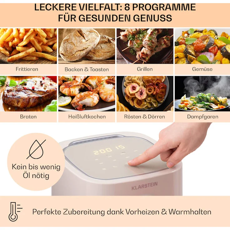 Klarstein Crisp-Pro Heißluftfritteuse, Air Fryer, 1400 W, 2,8 Liter, 8 Programme, Timer, Edelstahl, sand – Bild 3