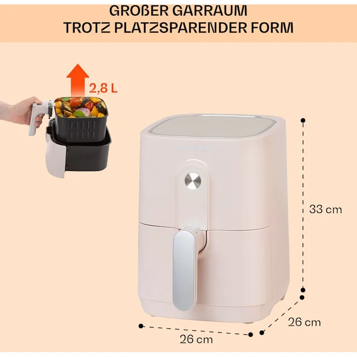 Klarstein Crisp-Pro Heißluftfritteuse, Air Fryer, 1400 W, 2,8 Liter, 8 Programme, Timer, Edelstahl, sand – Bild 6