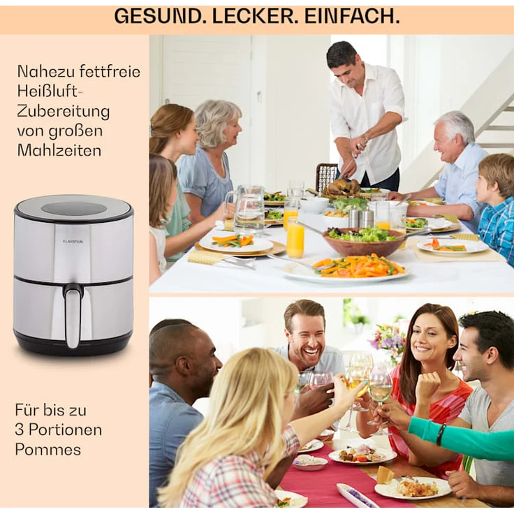 Klarstein Crisp-Pro, 1500 Watt, 4,3L, Air fry, 8 Programme, LCD-Display, Timer, Edelstahl, silber – Bild 5
