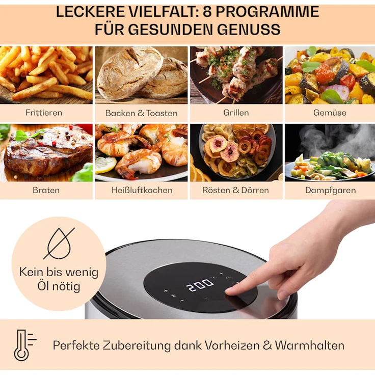 Klarstein Crisp-Pro, 1500 Watt, 4,3L, Air fry, 8 Programme, LCD-Display, Timer, Edelstahl, silber – Bild 3