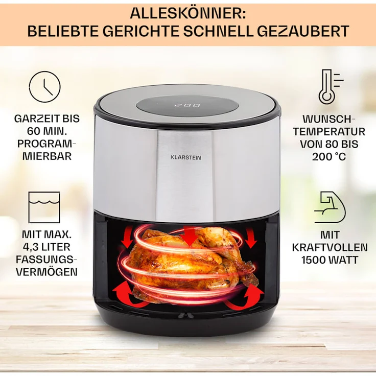 Klarstein Crisp-Pro, 1500 Watt, 4,3L, Air fry, 8 Programme, LCD-Display, Timer, Edelstahl, silber – Bild 2