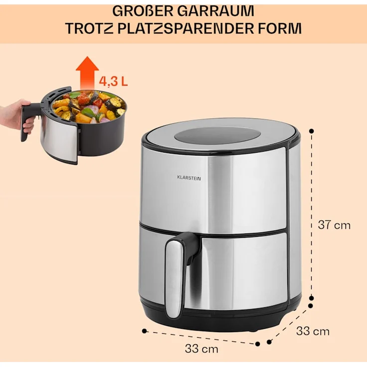 Klarstein Crisp-Pro, 1500 Watt, 4,3L, Air fry, 8 Programme, LCD-Display, Timer, Edelstahl, silber – Bild 6