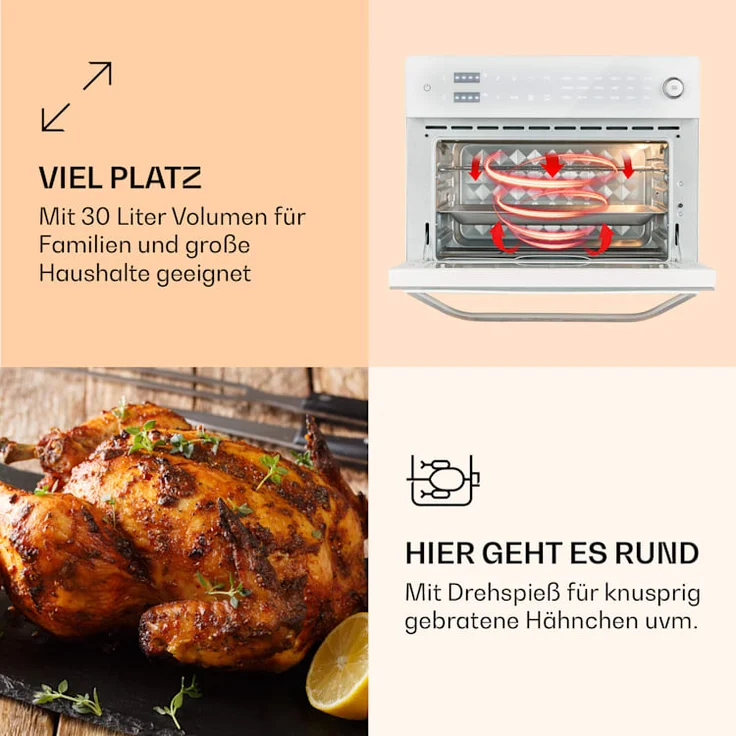 Klarstein Vigor Air Heißluftfritteuse, 1800 W, 30 Liter, 18 Programme, Ober- und Unterhitze, weiß – Bild 5