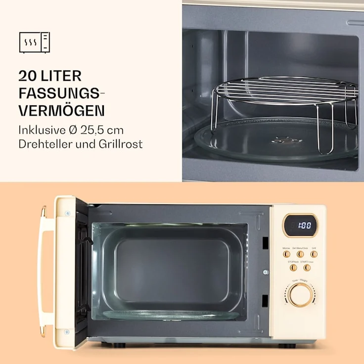 Klarstein Julieta Mikrowelle mit Grill, Standgerät, 20l Garraum, 800 W, Ø25,5 cm Drehteller, 8 Programme, crème – Bild 4