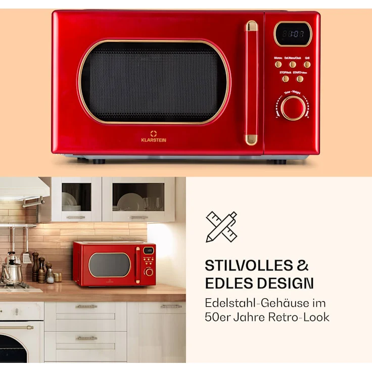 Klarstein Julieta Mikrowelle mit Grill, Standgerät, 20l Garraum, 800 W, Ø25,5 cm Drehteller, 8 Programme, rot – Bild 6