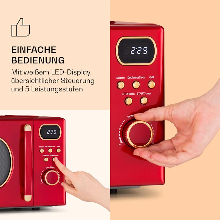 Klarstein Julieta Mikrowelle mit Grill, Standgerät, 20l Garraum, 800 W, Ø25,5 cm Drehteller, 8 Programme, rot – Bild 5