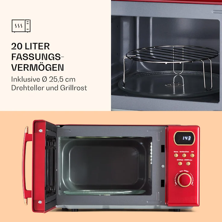 Klarstein Julieta Mikrowelle mit Grill, Standgerät, 20l Garraum, 800 W, Ø25,5 cm Drehteller, 8 Programme, rot – Bild 4