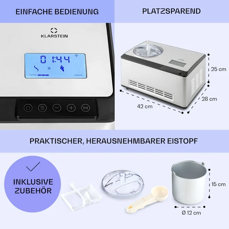 Klarstein Dolce Bacio Smart Eiscremebereiter Yogurtmaker Kompressor 2 Liter WiFi Touch Edelstahl – Bild 6