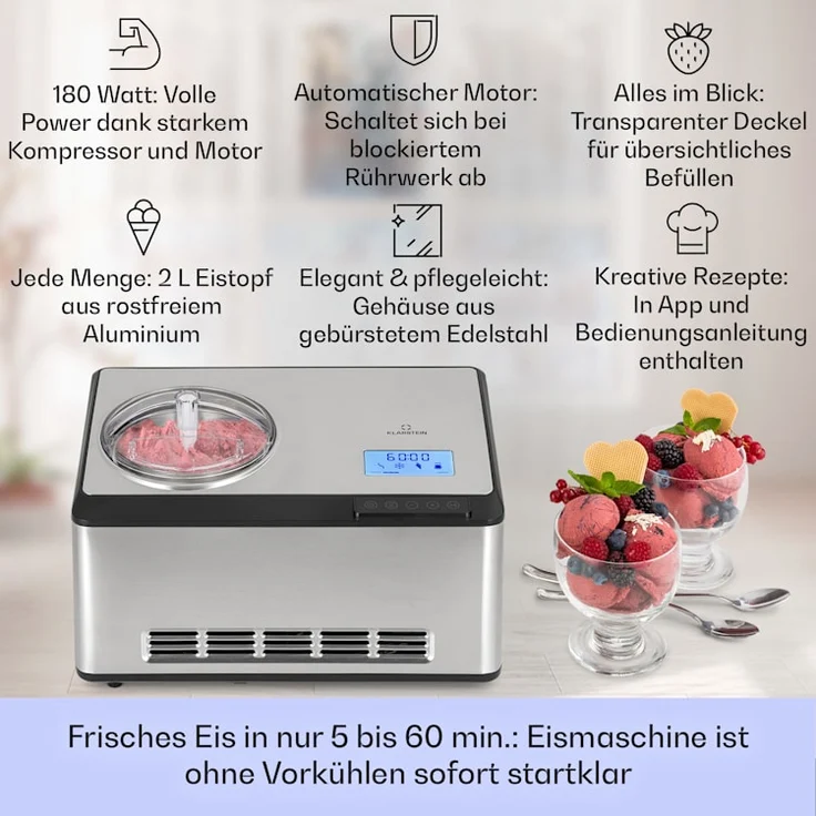 Klarstein Dolce Bacio Smart Eiscremebereiter Yogurtmaker Kompressor 2 Liter WiFi Touch Edelstahl – Bild 2